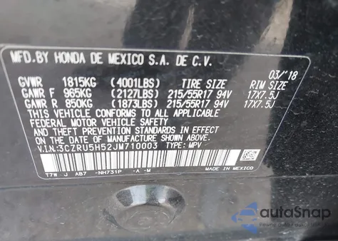 2018 Honda Hr-V Ex z USA, uszkodzony, nr VIN 3CZRU5H52JM710003